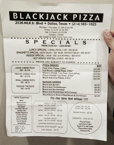 Blackjack Pizza Menu